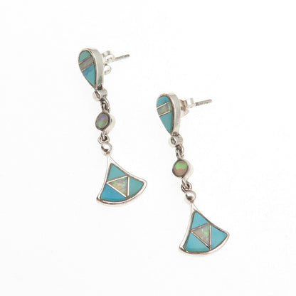 Old Pawn 925 Sterling Silver Vintage Turquoise & Opal Tribal Dangle Earrings