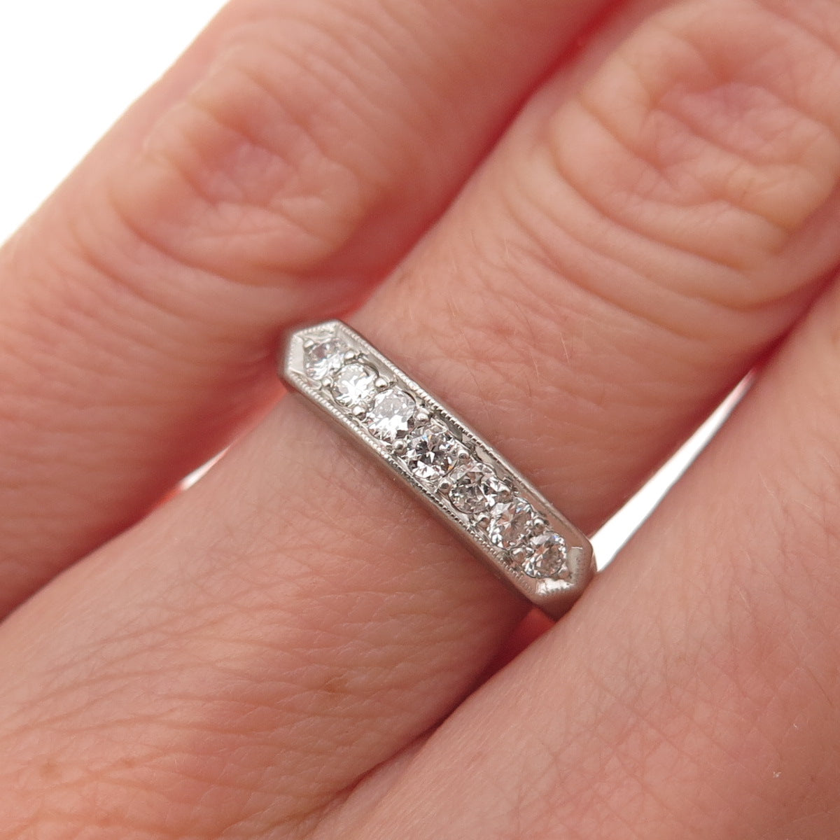 Antique Art Deco Platinum Real Round-Cut Diamond Engraved Ring Size 5.5
