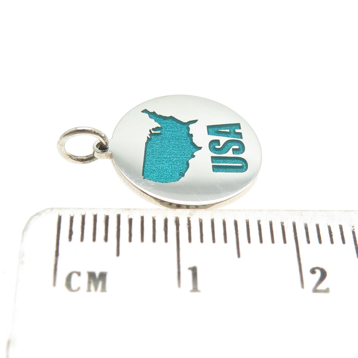 925 Sterling Silver Turquoise Enamel USA Map Round Tag Minimalist Charm Pendant