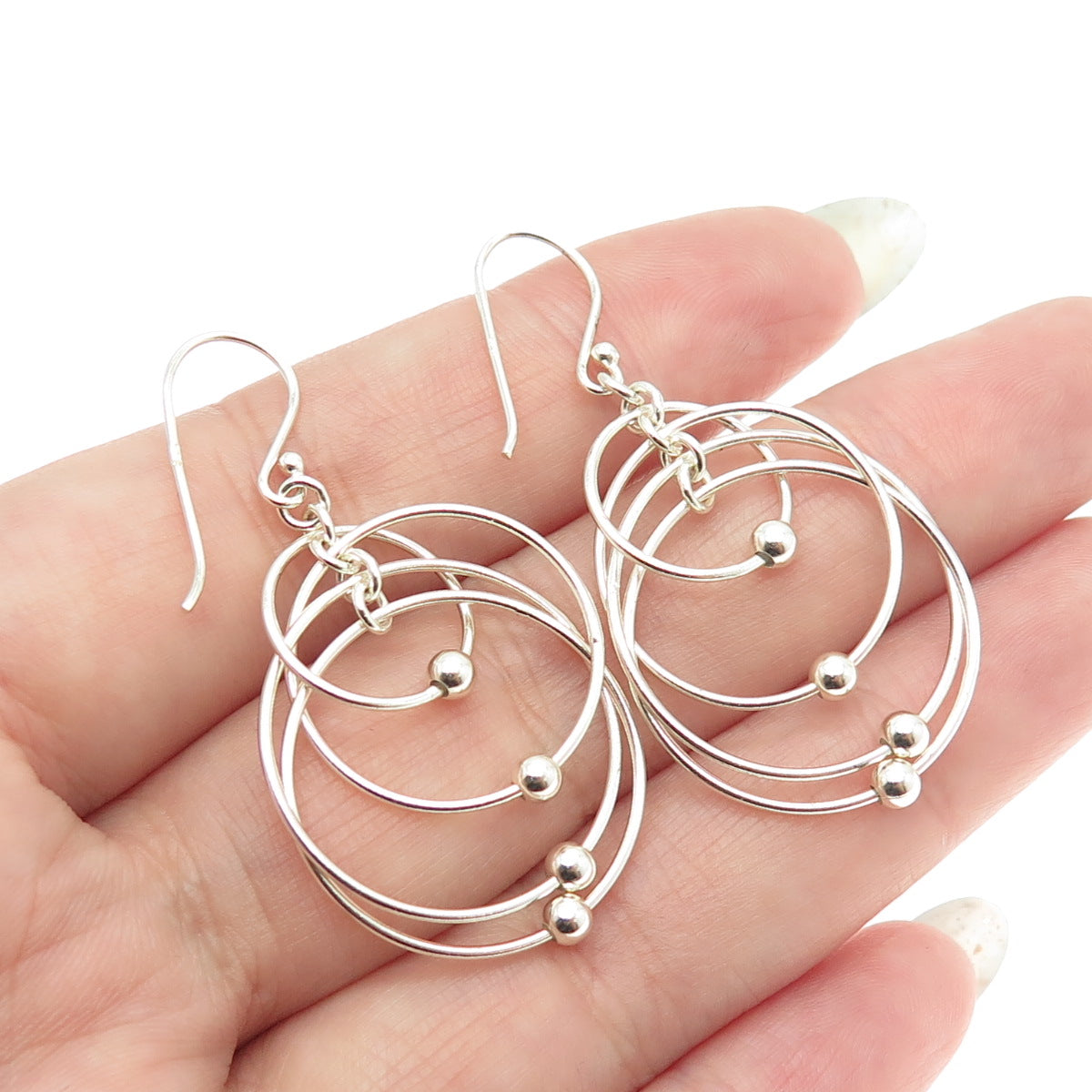 925 Sterling Silver Beaded Circles Dangling Earrings