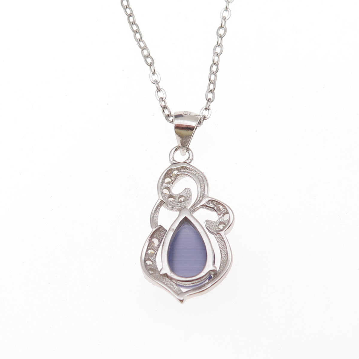 925 Sterling Silver Real Cat's Eye & C Z Cable Chain Necklace 18"