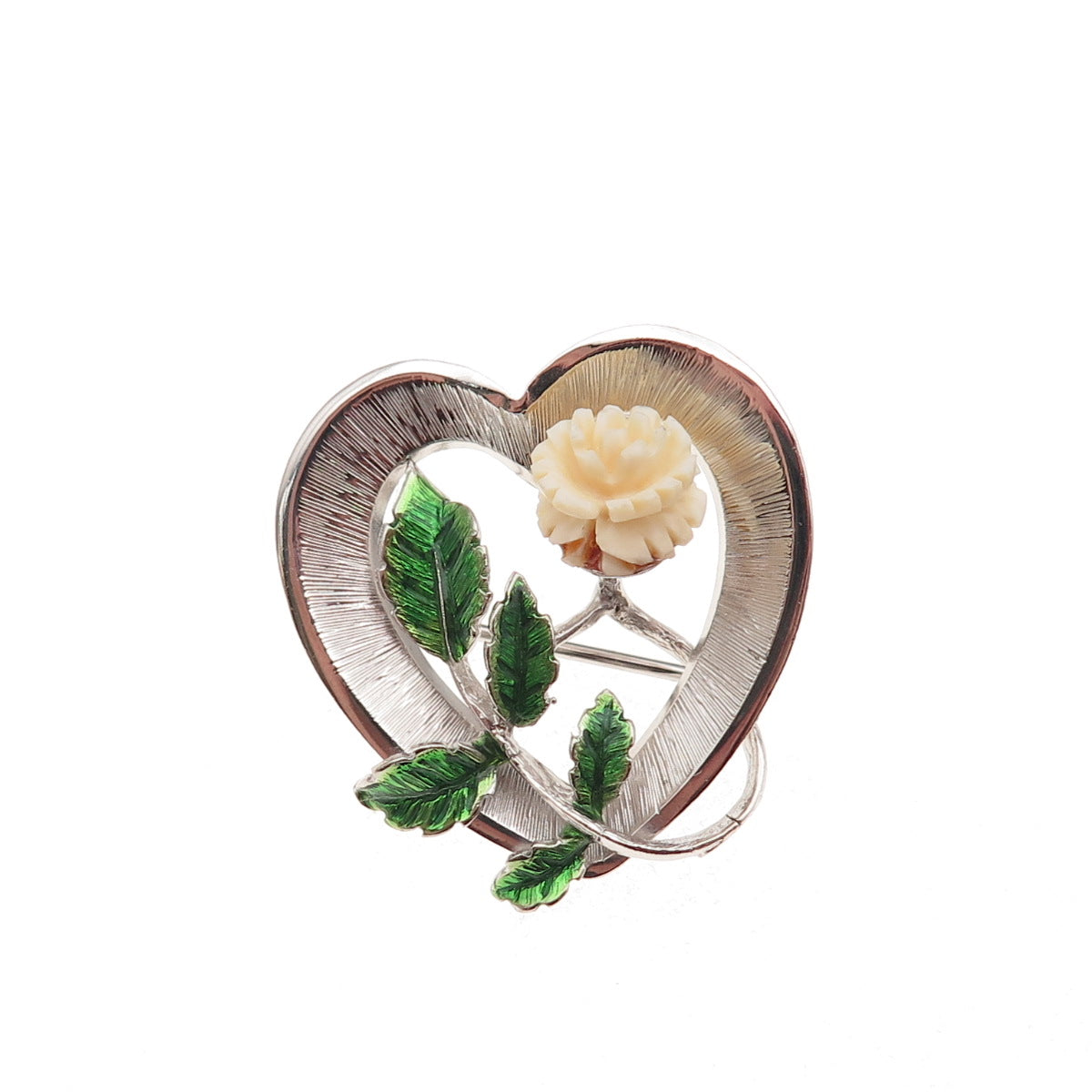 Beau 925 Sterling Silver Vintage Enamel Rose Heart Pin Brooch