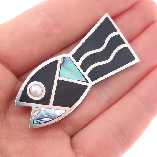 925 Sterling Silver Vintage Real Abalone Shell & Pearl Fish Pin Brooch