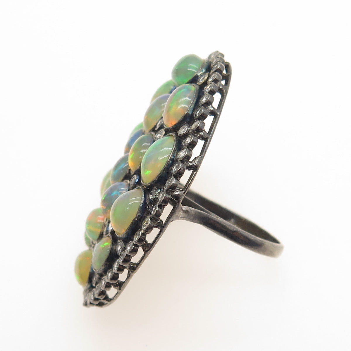 925 Sterling Silver Black Rhodium Real Opal & White Topaz Cluster Ring Size 6.75