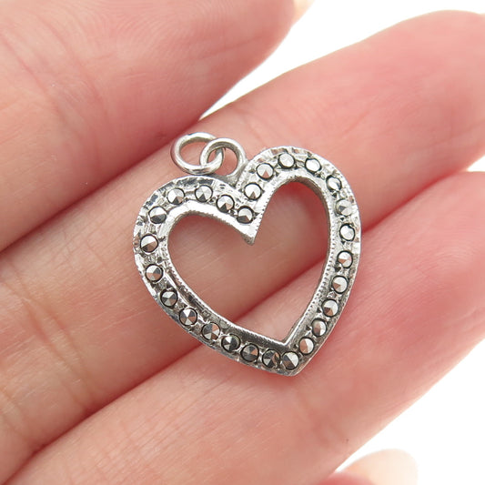 925 Sterling Silver Vintage Real Marcasite Open Heart Charm Pendant