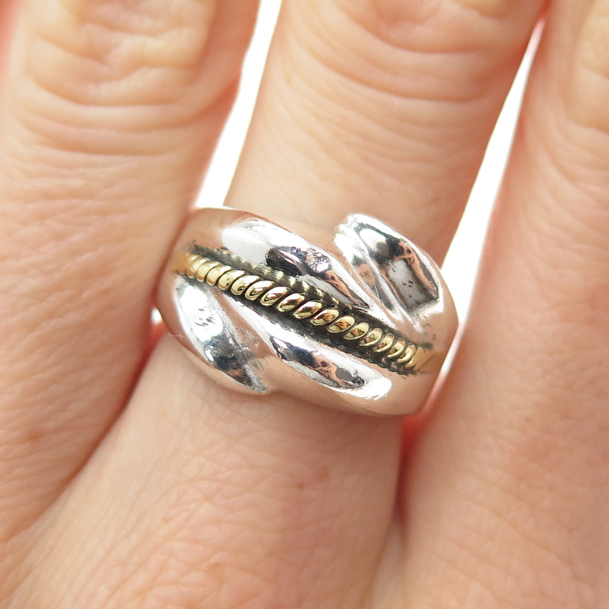 925 Sterling Silver 2-Tone Vintage Mexico Modernist Ring Size 7.25