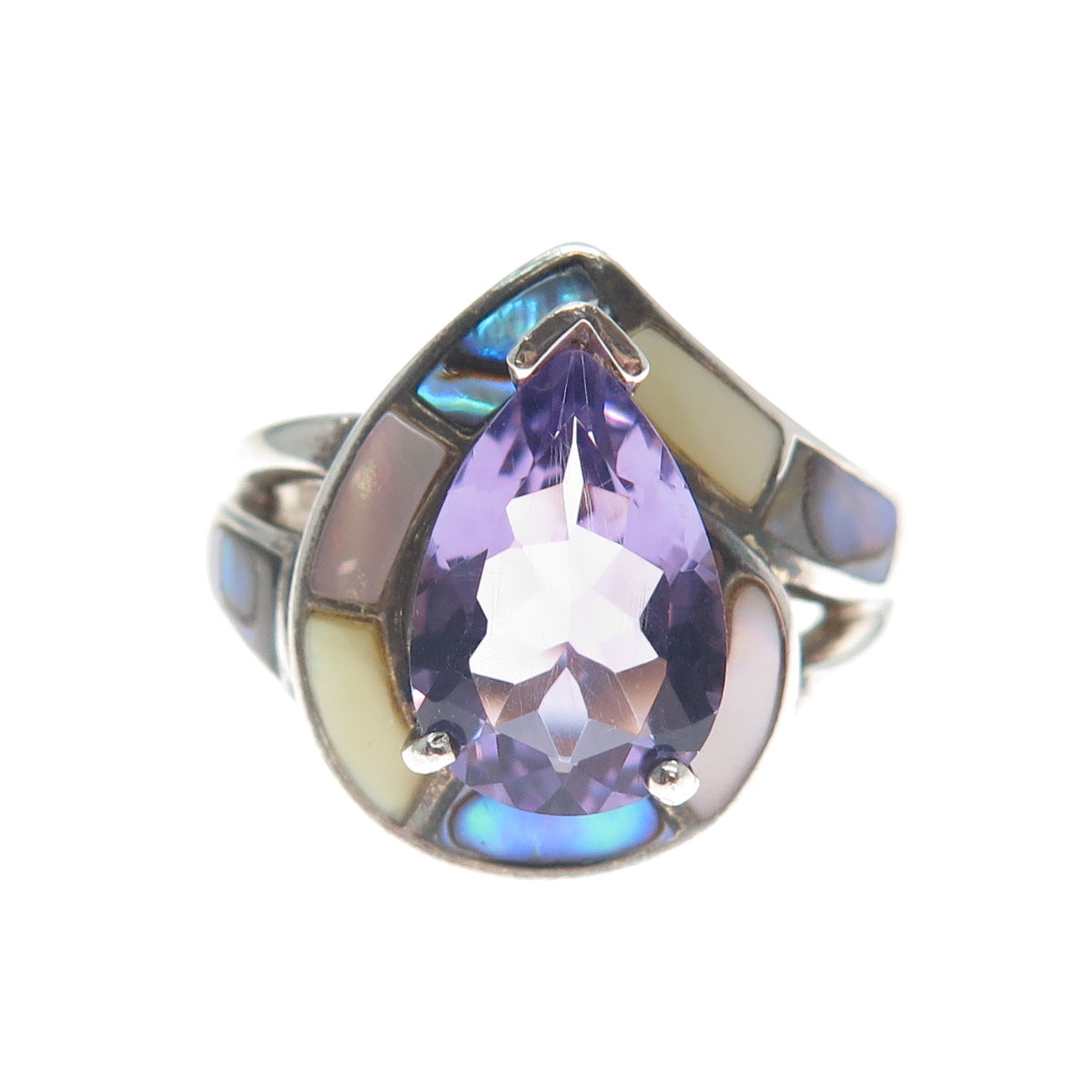 WHITNEY KELLY Sterling Vintage Real Amethyst Abalone Shell & MOP Ring Size 6.25