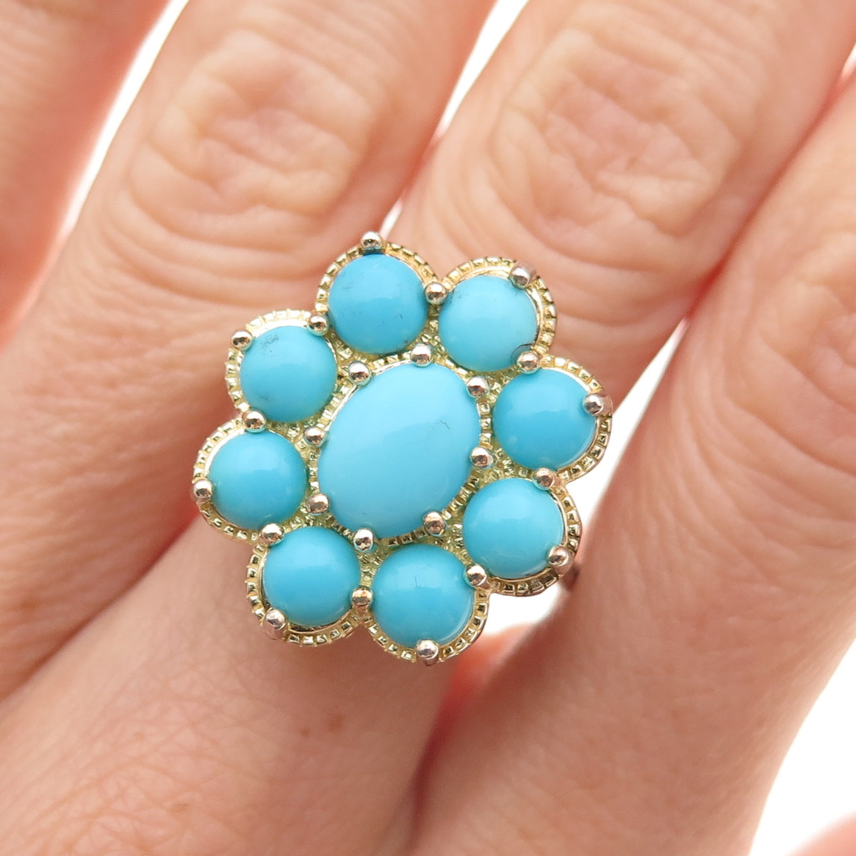 925 Sterling Silver Gold Plated Real Sleeping Beauty Turquoise Ring Size 8.25