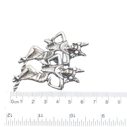 925 Sterling Silver Vintage Tribal Dancer Gemini Zodiac Sign Oxidized Pin Brooch