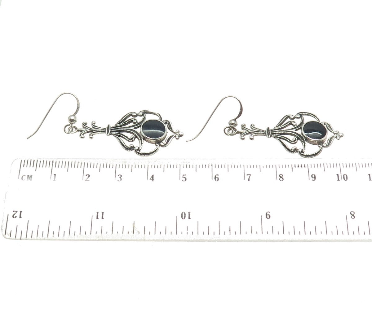 925 Sterling Silver Vintage Real Black Onyx Art Deco Style Dangle Earrings