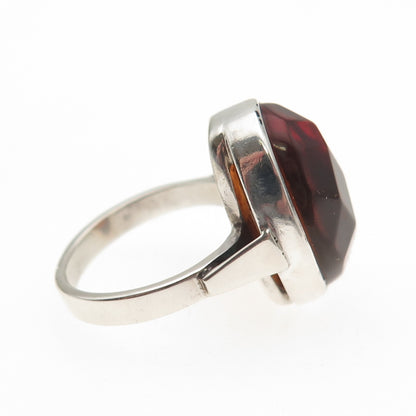 925 Sterling Silver Vintage LJ Poland Real Amber Modernist Ring Size 6.25