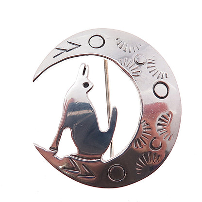 925 Sterling Silver Vintage Mexico Howling Wolf Crescent Moon Pin Brooch