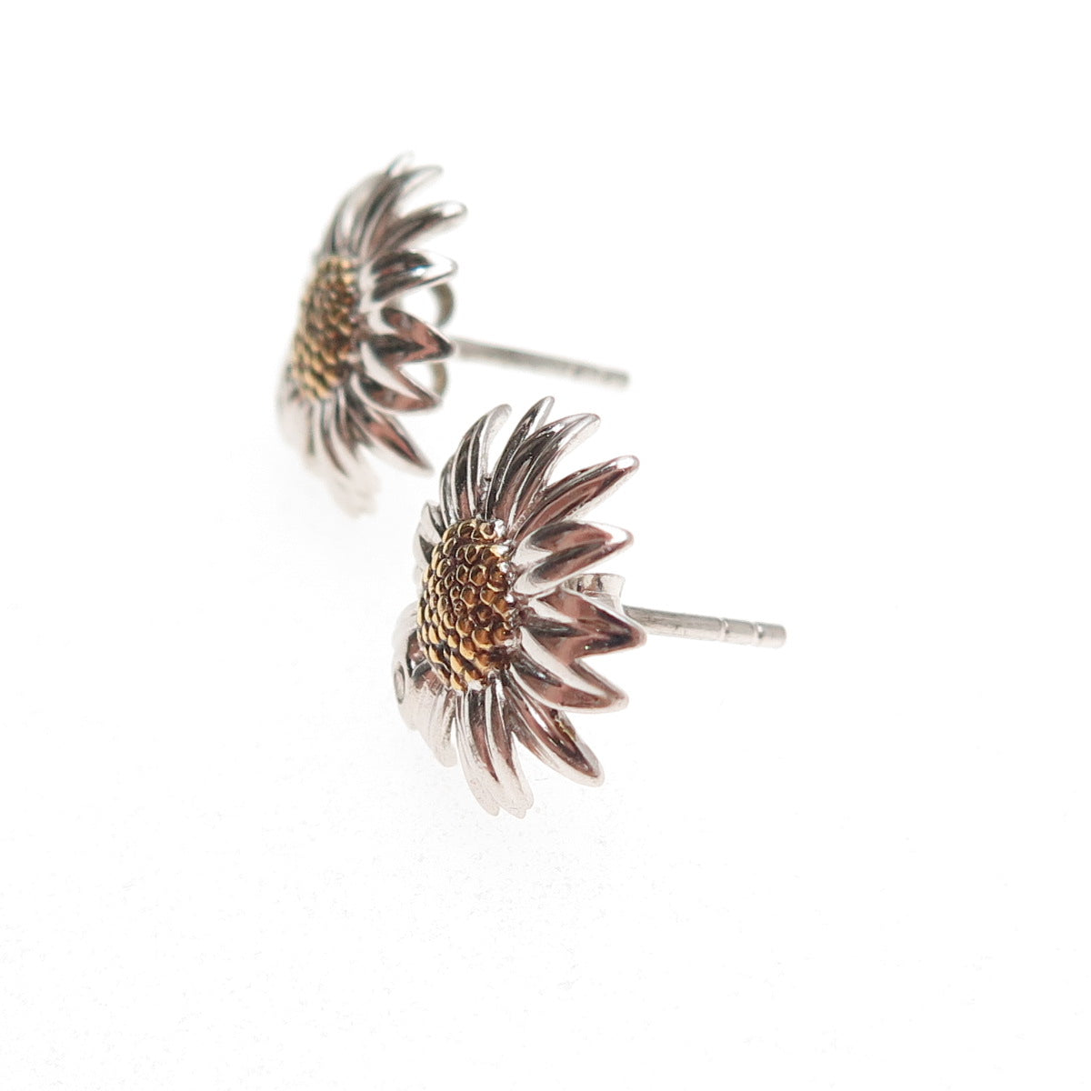 925 Sterling Silver 2-Tone Real Round-Cut Diamond Daisy Flower Stud Earrings