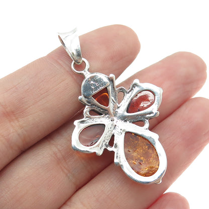 VALERIO V8 925 Sterling Silver Vintage Poland Real Amber Cross Pendant