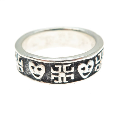 925 Sterling Silver Vintage Heart Face Sun Symbol Oxidized Band Ring Size 7