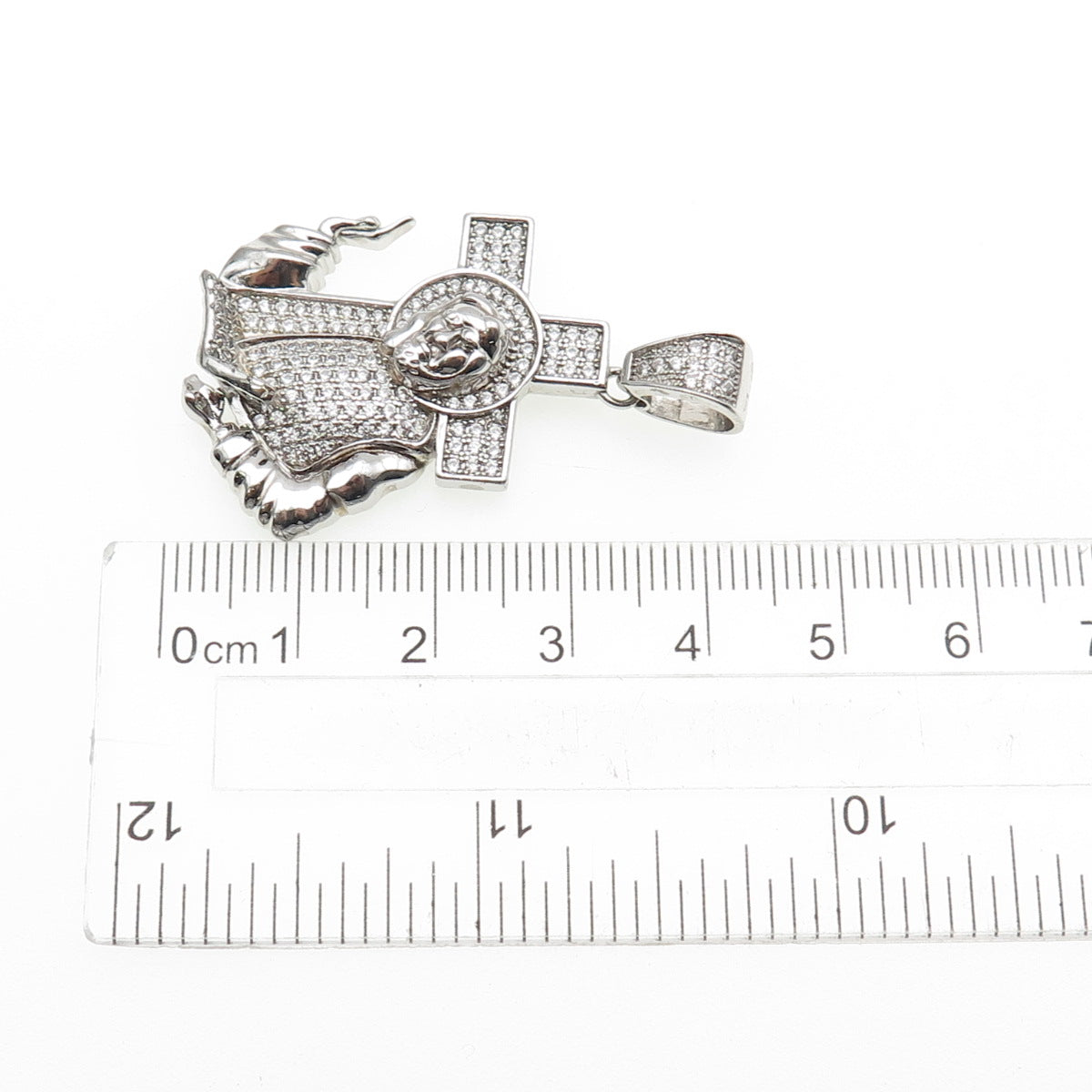 925 Sterling Silver Round-Cut C Z Jesus & Cross Charm Pendant