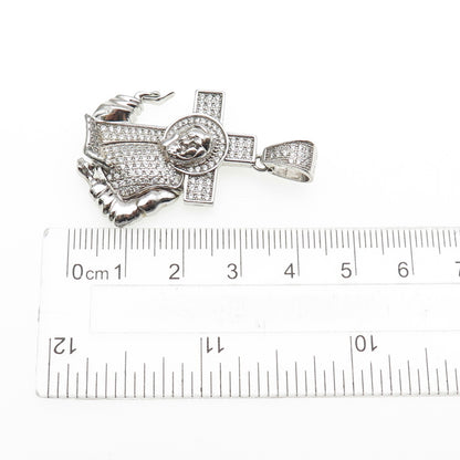 925 Sterling Silver Round-Cut C Z Jesus & Cross Charm Pendant