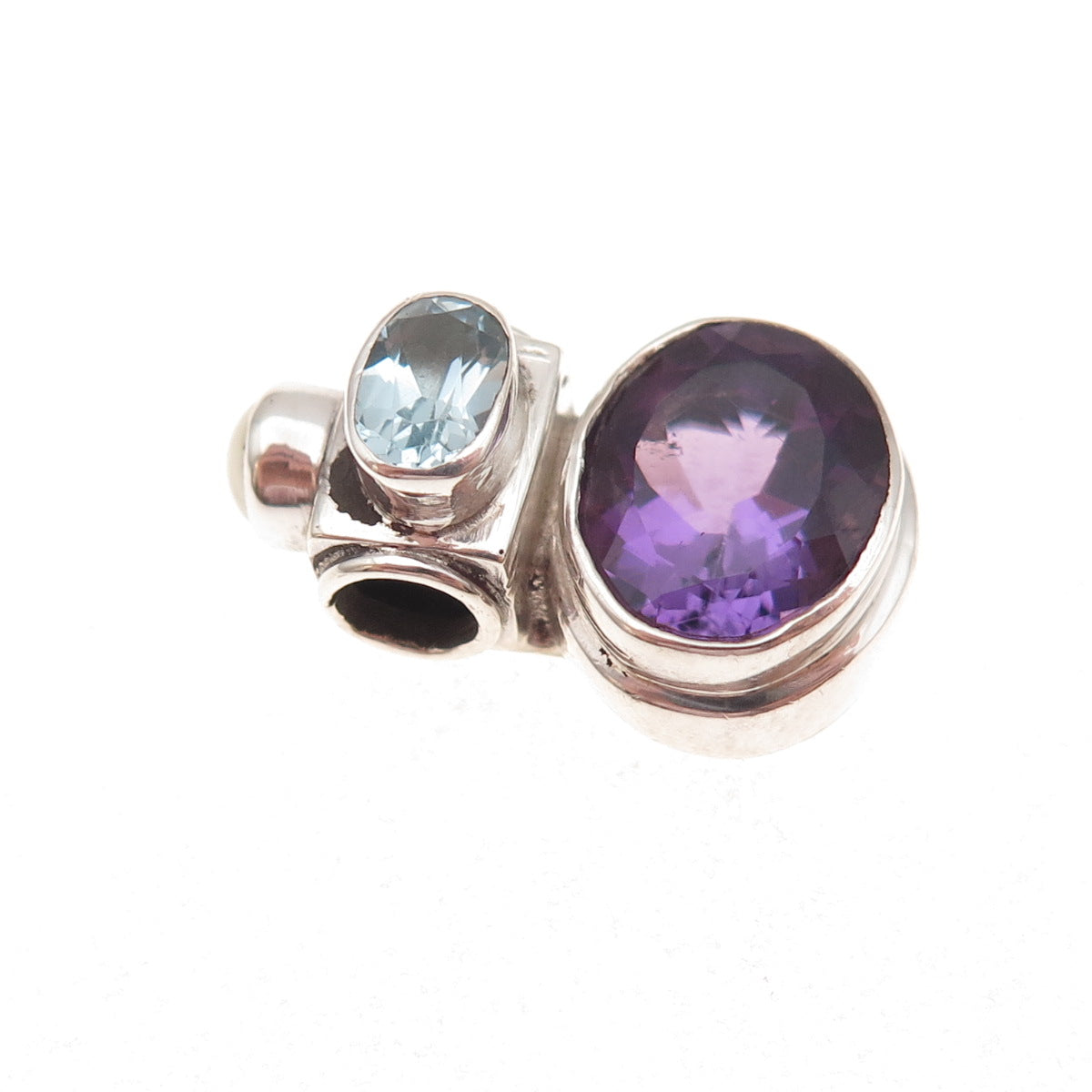 925 Sterling Vintage Real Amethyst Blue Topaz & Pearl Modernist Slide Pendant