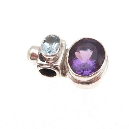 925 Sterling Vintage Real Amethyst Blue Topaz & Pearl Modernist Slide Pendant