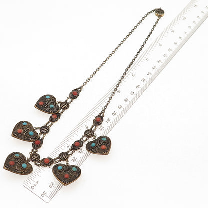 925 Sterling Gold Plated Antique Turquoise & Coral Chinese Heart Necklace 18"