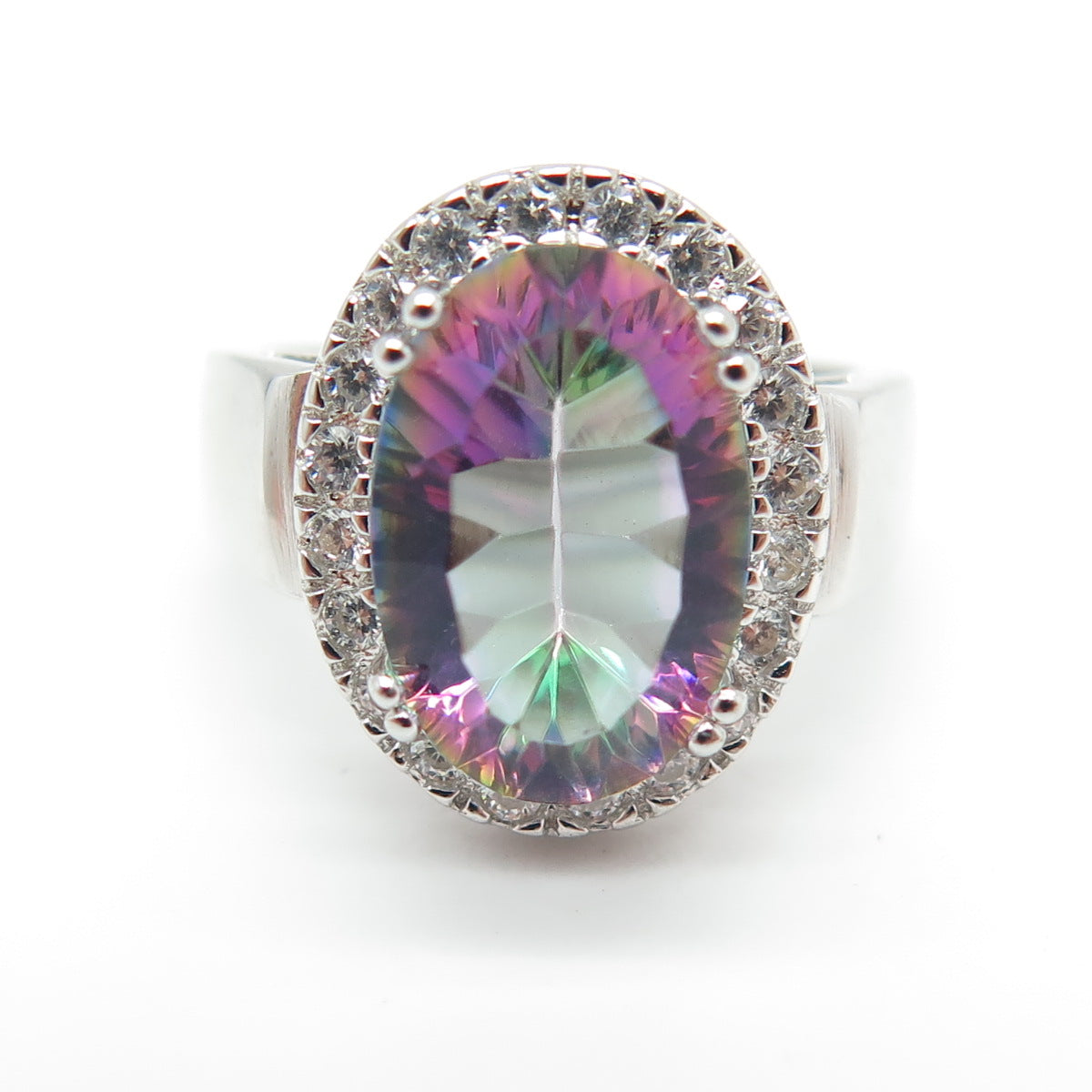 925 Sterling Silver Real Mystic Quartz & Round-Cut C Z Ring Size 4.75