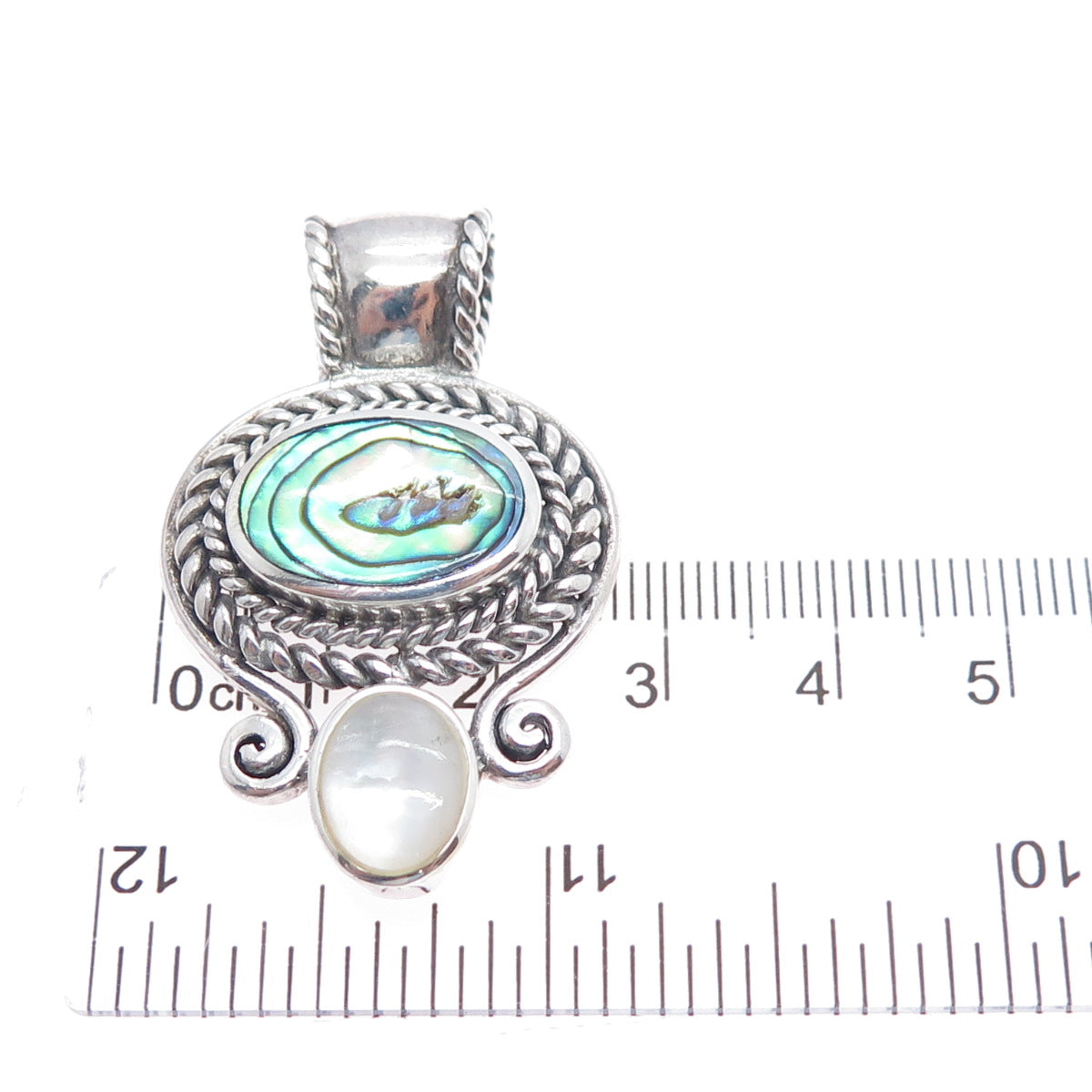 925 Sterling Silver Vintage Real Abalone Shell & MOP Oxidized Pendant