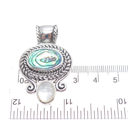 925 Sterling Silver Vintage Real Abalone Shell & MOP Oxidized Pendant