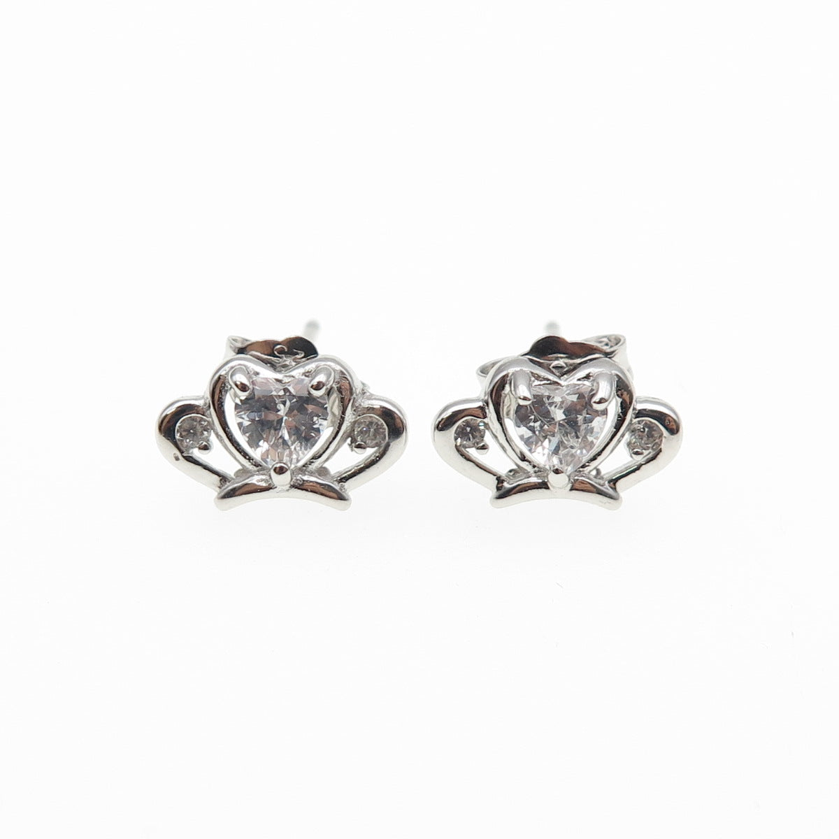 925 Sterling Silver Heart & Round-Cut C Z Tiara Stud Earrings