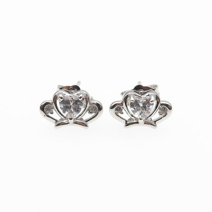 925 Sterling Silver Heart & Round-Cut C Z Tiara Stud Earrings