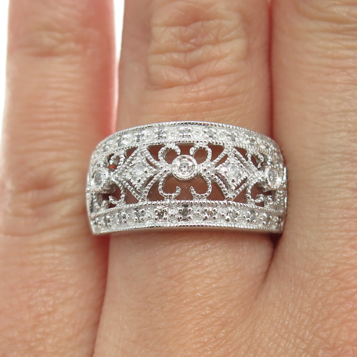 925 Sterling Silver Real Round-Cut Diamond Ornate Ring Size 7