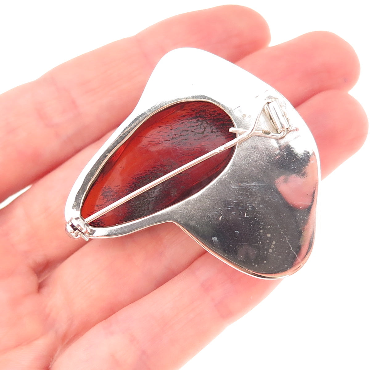 925 Sterling Silver Vintage Poland Real Amber Modernist Pin Brooch