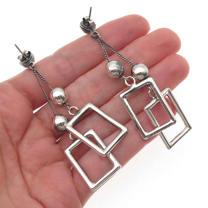 925 Sterling Silver Vintage Modernist Ball Beaded Frame Dangle Earrings