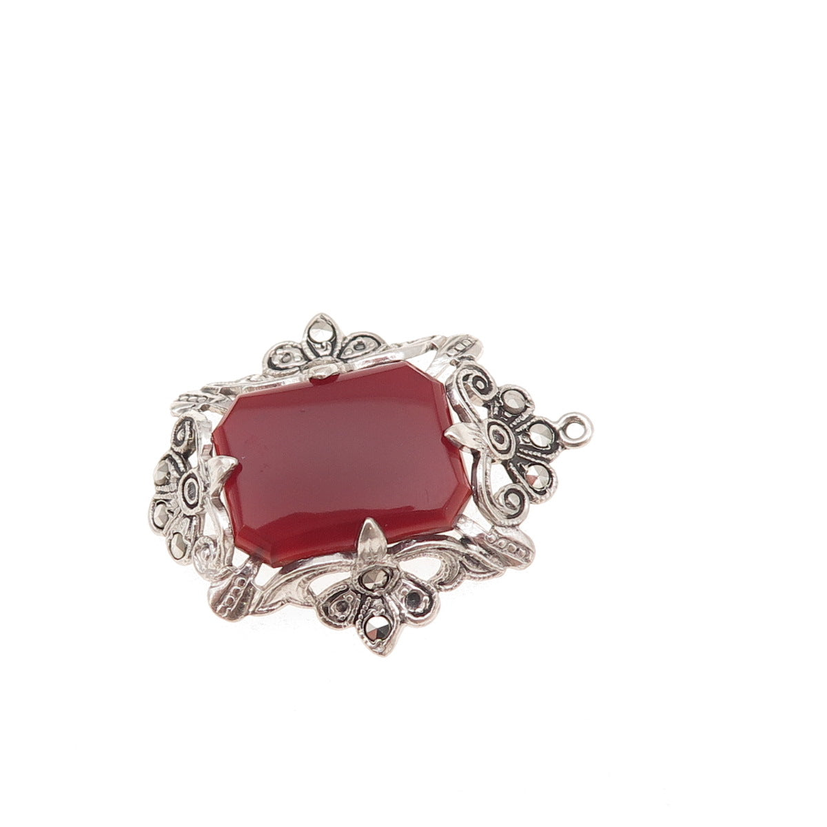925 Sterling Silver Antique Art Deco Real Carnelian & Marcasite Charm Pendant