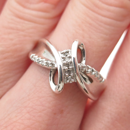 SUN 925 Sterling Silver Real Round-Cut Diamond Bypass Ring Size 6.75