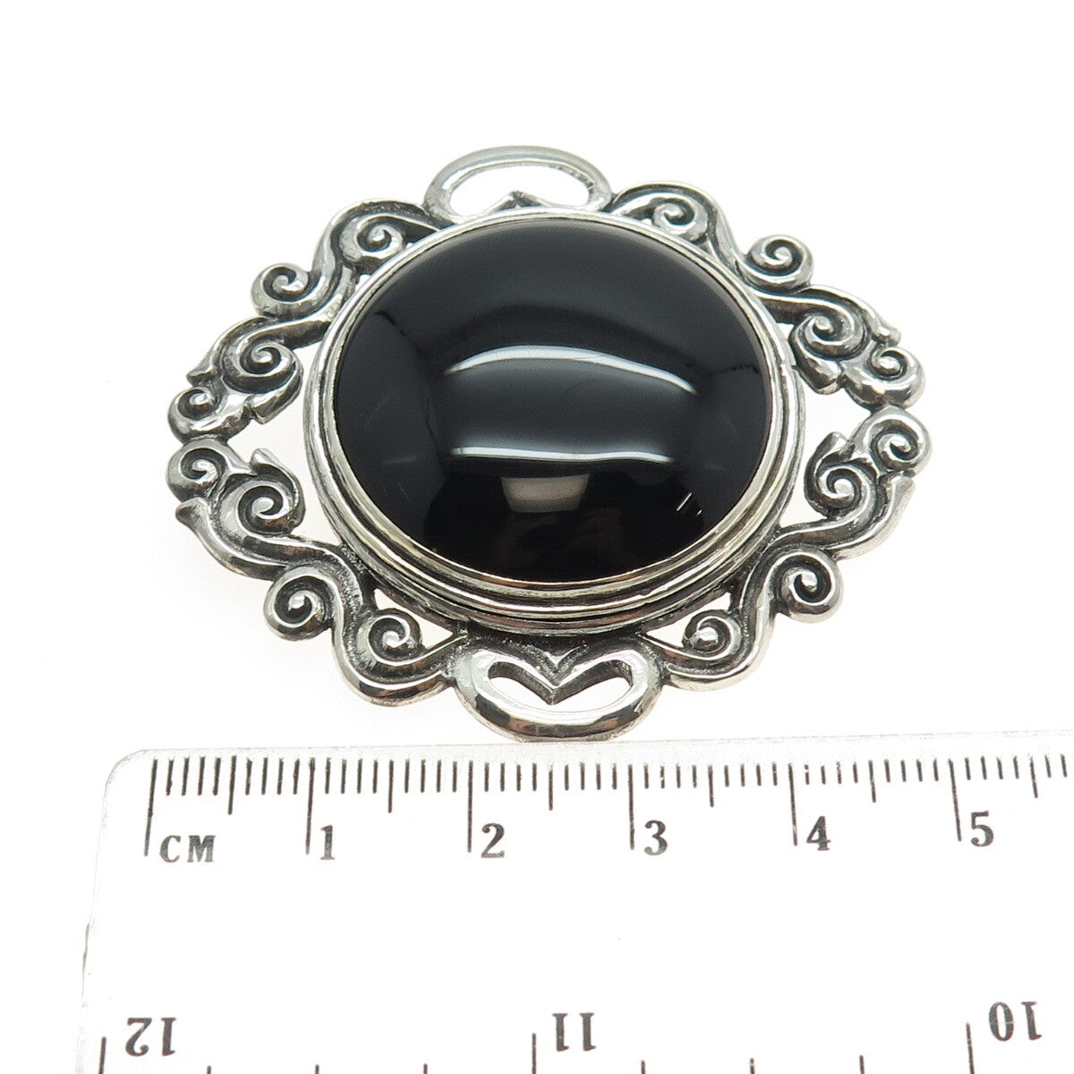 925 Sterling Silver Vintage Real Cabochon Black Onyx Ornate Pin Brooch