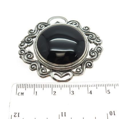 925 Sterling Silver Vintage Real Cabochon Black Onyx Ornate Pin Brooch