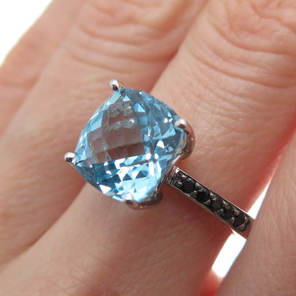 925 Sterling Silver Real Cushion-Cut Blue Topaz & Black Spinel Ring Size 7.25