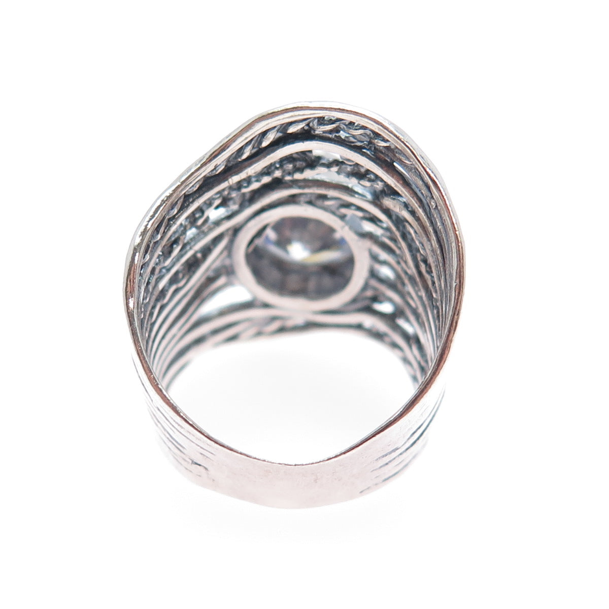 925 Sterling Silver Vintage Israel Oval-Cut C Z Modernist Oxidized Ring Size 8.5