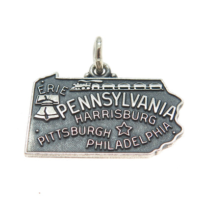 J.M. FISHER 925 Sterling Silver Vintage Pennsylvania State Map Charm Pendant