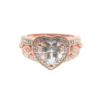 925 Sterling Silver Rose Gold Plated Diamond & Blue Topaz Heart Ring Size 7.25