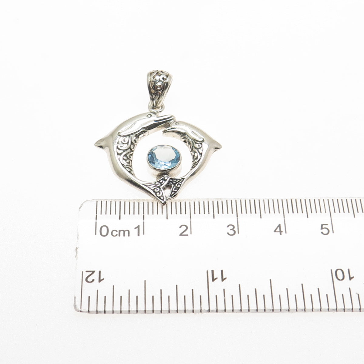 925 Sterling Silver Vintage Real Blue Topaz Mom & Child Dolphin Charm Pendant