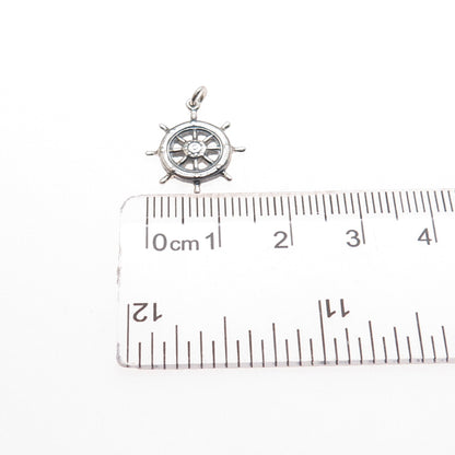 925 Sterling Silver Vintage Helm Ship Wheel Oxidized Minimalist Charm Pendant