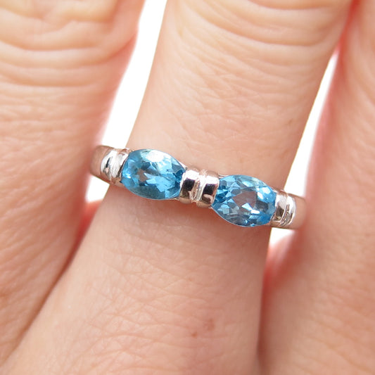 925 Sterling Silver Vintage Real Oval-Cut Blue Topaz Band Ring Size 6.25