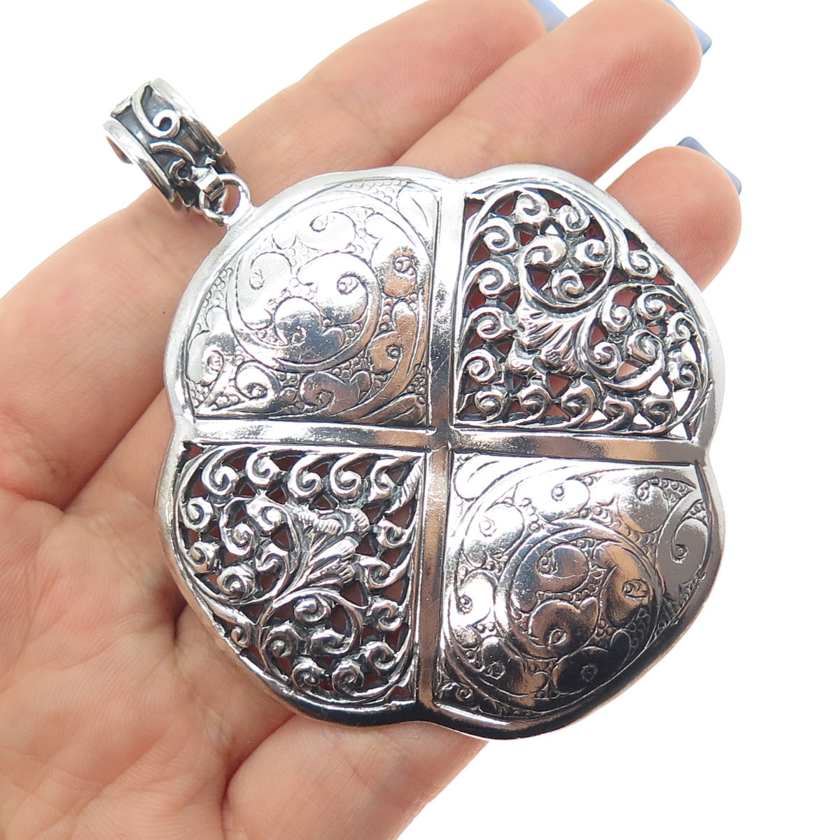 925 Sterling Silver Vintage Engraved Flower Ornate Oxidized Large Pendant