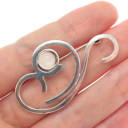925 Sterling Silver Vintage Real Rose Quartz Modernist Swirl Pin Brooch