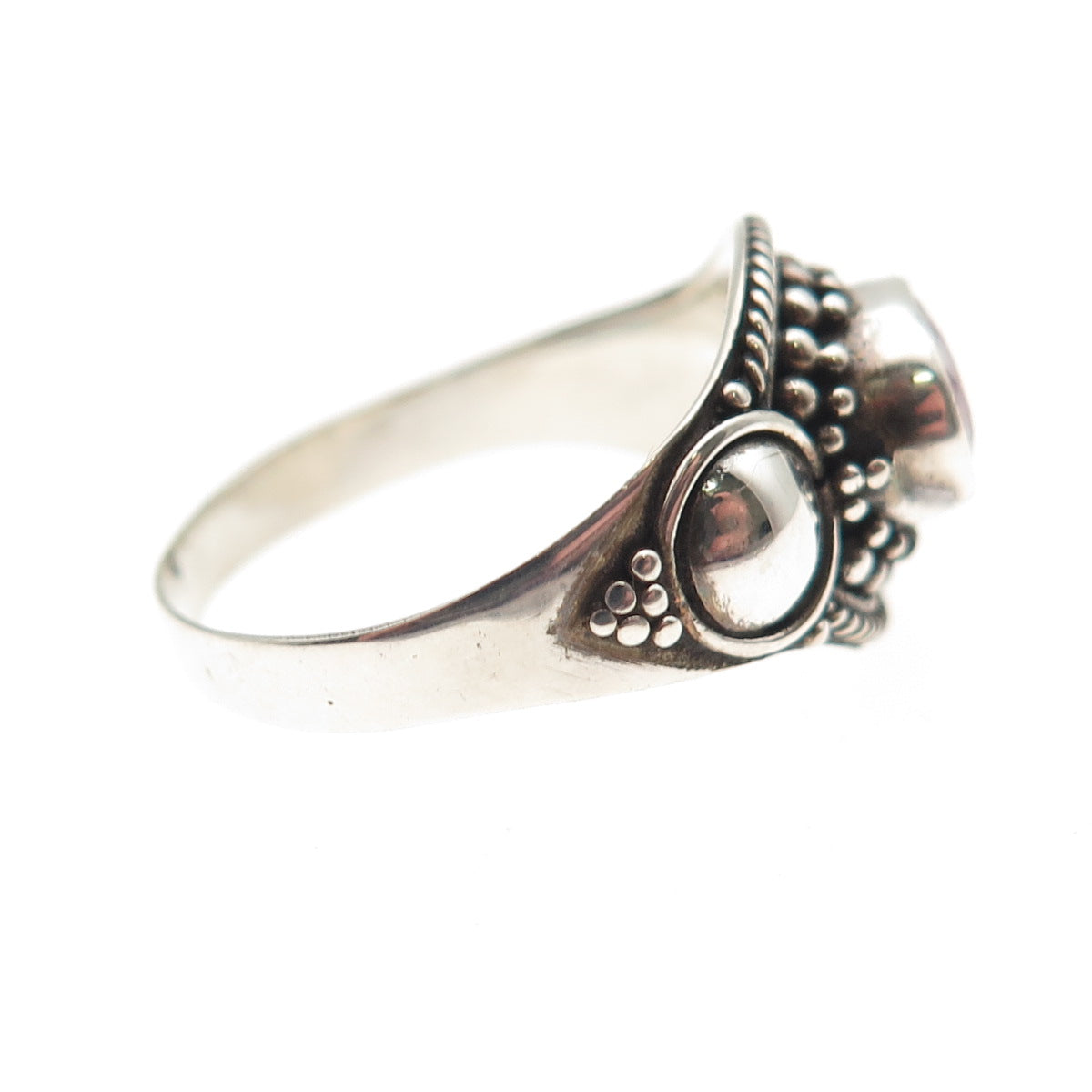925 Sterling Silver Vintage Real Oval-Cut Ruby Beaded Oxidized Ring Size 7.75