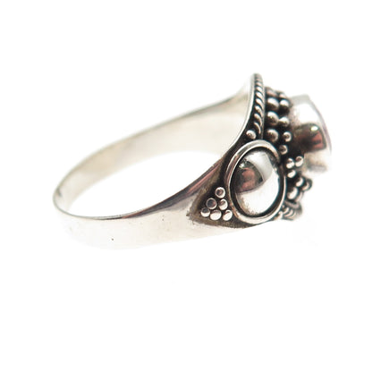 925 Sterling Silver Vintage Real Oval-Cut Ruby Beaded Oxidized Ring Size 7.75