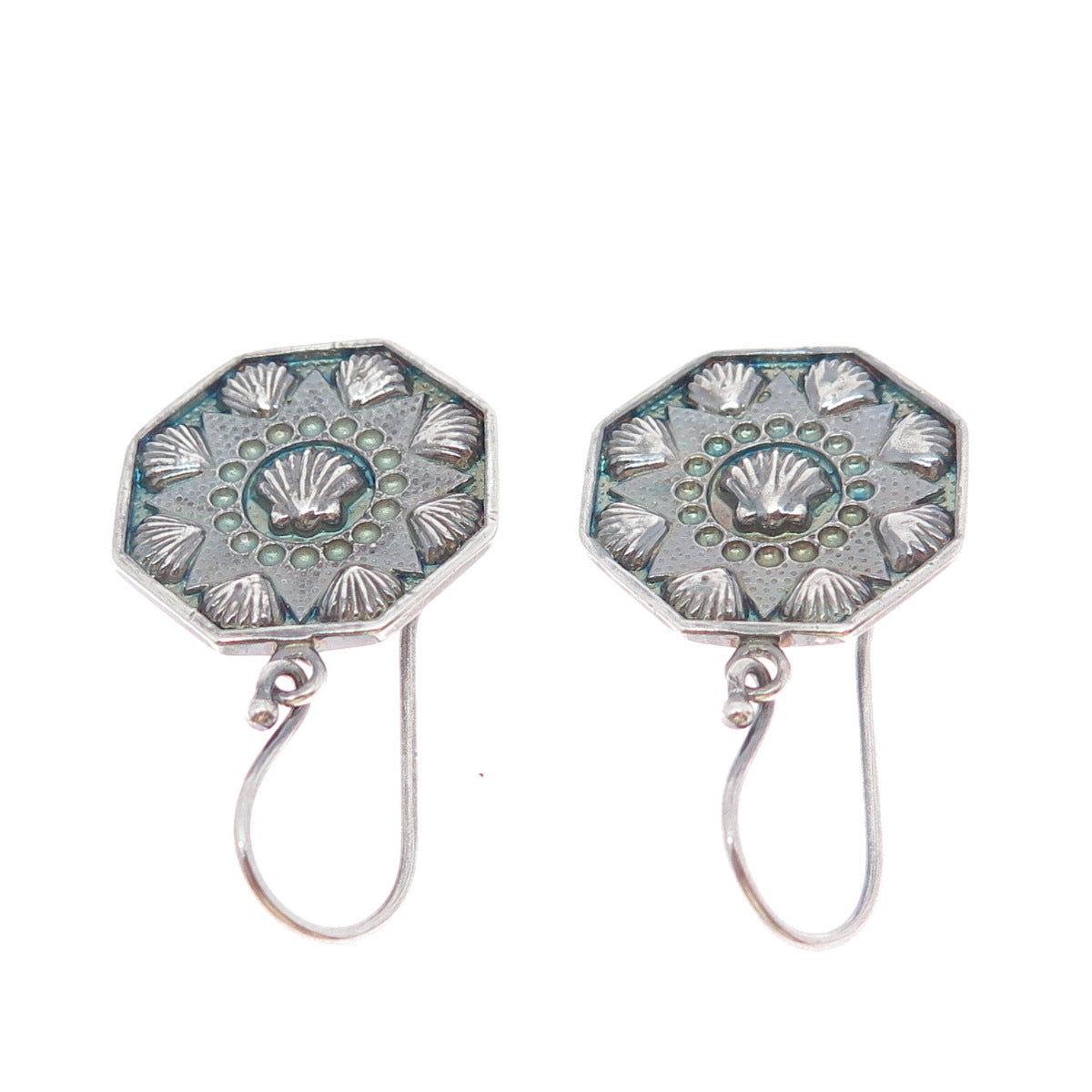 925 Sterling Silver Vintage Modernist Seashell Oxidized Dangle Earrings