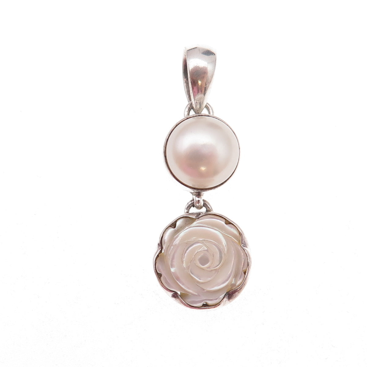 925 Sterling Silver Real Pearl & MOP Rose Carved Floral Charm Pendant