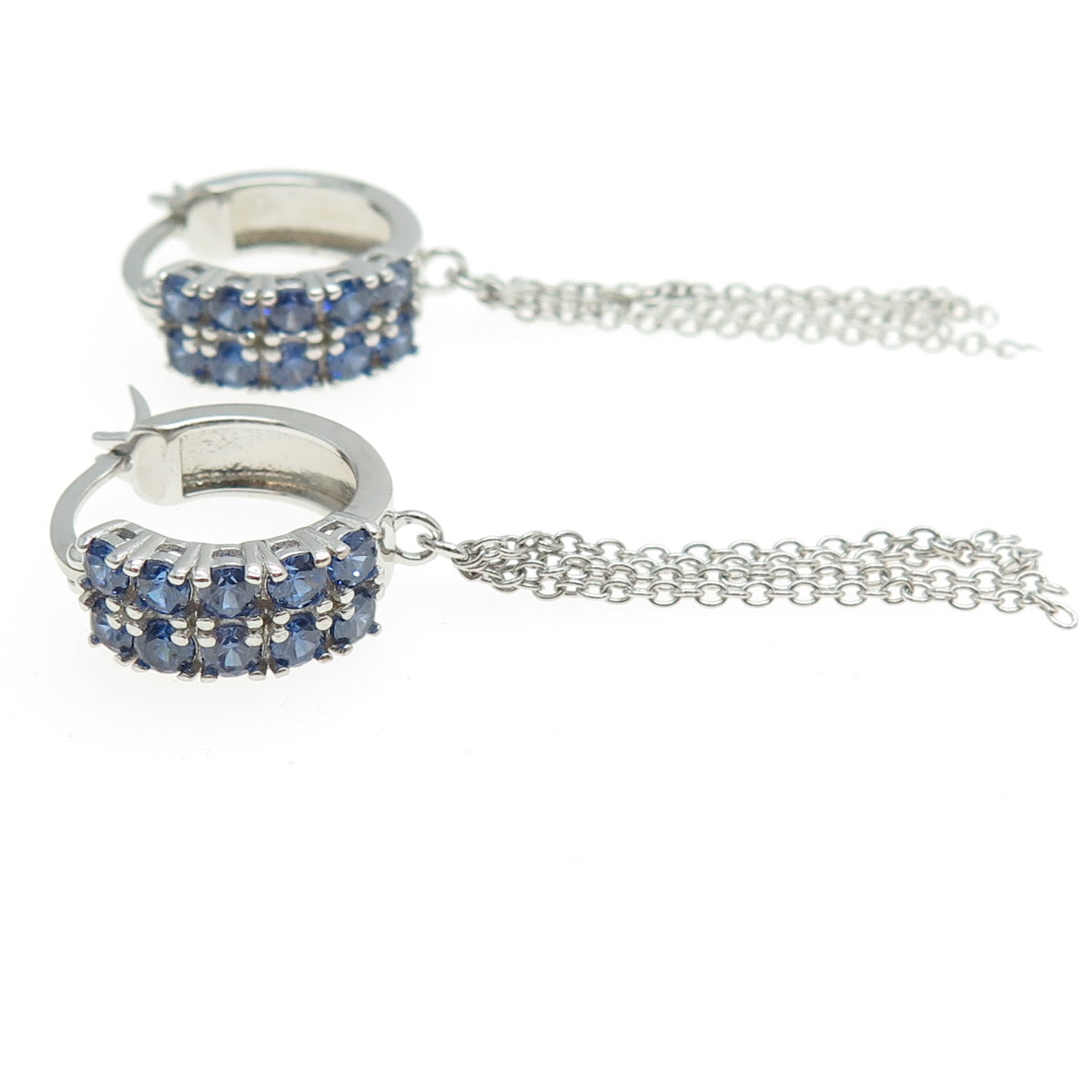 925 Sterling Silver Blue C Z Hinged Hoop w/Chain Earrings